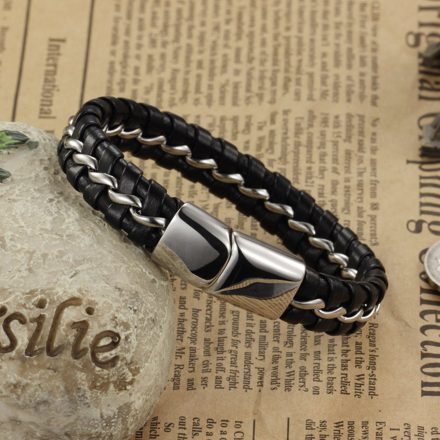 Herren Lederarmband mit Edelstahlbesatz
