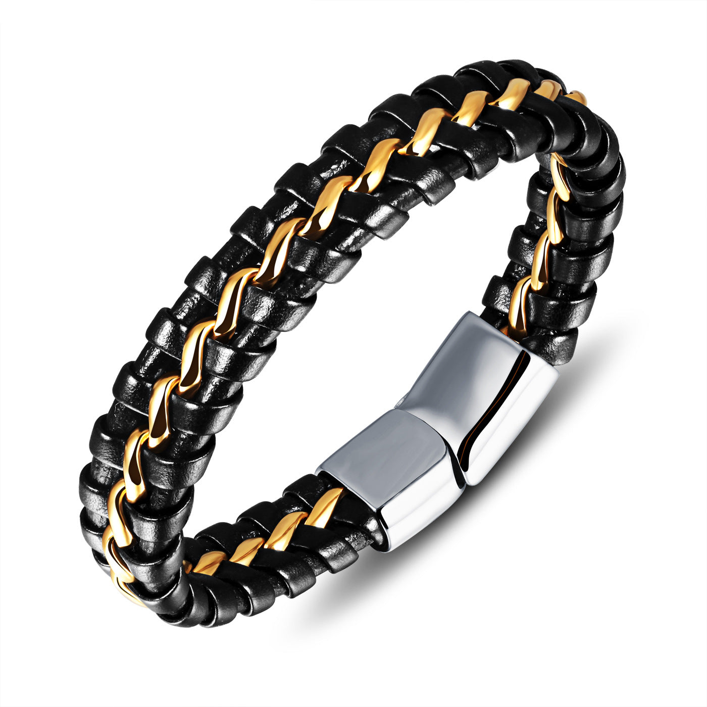 Herren Lederarmband mit Edelstahlbesatz 24K Gold IPG